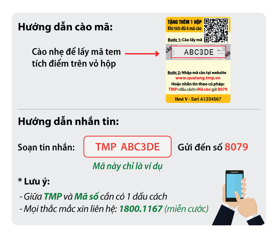 Tích điểm heviho: Mua 6 tặng 1 bằng hình thức nhắn tin, giúp tiết kiệm 30.000đ cho mỗi hộp 20 viên 2 Hướng dẫn cào mã tích điểm Heviho